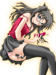 Rule 34 | 00s, 1girl, akimoto dai, black hair, black skirt, black thighhighs, blush, camisole, cellphone, covered erect nipples, fate/stay night, fate (series), female focus, glasses, holding, long legs, outline, panties, phone, pink panties, pleated skirt, simple background, skirt, solo, strap slip, striped clothes, striped panties, thighhighs, tohsaka rin, underwear, white background