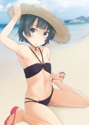 Rule 34 | 1girl, arare (kancolle), arm up, armpits, bare legs, beach, bikini, black bikini, blue hair, blue sky, blurry, day, depth of field, flat chest, flip-flops, halterneck, hand on headwear, hand on own foot, hat, highres, kantai collection, looking at viewer, multi-strapped bikini bottom, multi-strapped bikini top, nagami yuu, navel, non-web source, o-ring, o-ring bikini, o-ring bottom, o-ring top, outdoors, parted lips, purple eyes, sandals, short hair, sitting, sky, solo, straw hat, swimsuit, wariza