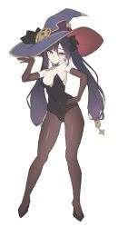 Rule 34 | 1girl, alternate costume, bare shoulders, black hair, black leotard, blush, detached sleeves, flat color, full body, genshin impact, hand on own hip, hat, leotard, long hair, mona (genshin impact), pantyhose, shoes, smile, twintails, white background, witch hat, zutsuyaku