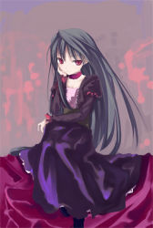 Rule 34 | 00s, 1girl, altrouge, altrouge brunestud, black hair, choker, dress, grey background, head rest, long hair, purple background, red eyes, ringed eyes, smile, solo, tsukihime