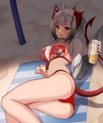 Rule 34 | 1girl, ahoge, arknights, ass, beach, beach towel, bikini, black choker, blush, breasts, can, choker, cleavage, commentary request, demon girl, demon horns, demon tail, detached sleeves, feet out of frame, female focus, grey hair, grey sleeves, highres, holding, holding can, horns, large breasts, looking at viewer, lying, nail polish, on side, open mouth, planted, planted umbrella, red bikini, red eyes, red nails, sand, sanukiske, shade, short hair, sideboob, solo, swimsuit, tail, teeth, towel, umbrella, w (arknights)