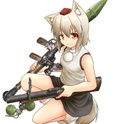 Rule 34 | 1girl, :3, animal ears, bare arms, bare shoulders, black skirt, break-action grenade launcher, closed mouth, explosive, fragmentation grenade, grenade, grenade launcher, grey socks, gun, hand grenade, hat, high-explosive anti-tank (warhead), holding, holding gun, holding weapon, inubashiri momiji, kneeling, kunsei hamu, m26 grenade, m79, man-portable anti-tank systems, miniskirt, pom pom (clothes), red eyes, red hat, rocket-propelled grenade, rocket (projectile), rocket launcher, rpg, rpg-7, rpg (weapon), shirt, short hair, silver hair, simple background, skirt, sleeveless, sleeveless shirt, smug, socks, solo, tabi, tail, tokin hat, touhou, weapon, white background, wolf ears, wolf tail
