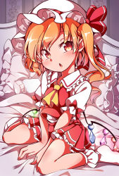 Rule 34 | 1girl, :o, ascot, bed, between legs, blanket, blush, bow, breasts, collared shirt, fang, fingernails, flandre scarlet, frilled shirt collar, frills, gokuu (acoloredpencil), hand between legs, hat, hat ribbon, highres, long hair, looking at viewer, miniskirt, mob cap, on bed, open mouth, orange hair, pillow, pleated skirt, puffy short sleeves, puffy sleeves, red bow, red eyes, red ribbon, red skirt, red vest, ribbon, shirt, short sleeves, side ponytail, sitting, skirt, skirt set, small breasts, socks, solo, touhou, v arms, vest, white hat, white shirt, white socks, wings, yellow ascot