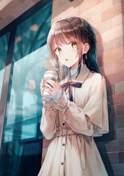 Rule 34 | 1girl, :o, black ribbon, blush, braid, brick wall, brown dress, brown eyes, brown hair, building, coffee, coffee cup, collared dress, cup, disposable cup, dress, hands up, highres, hiten (hitenkei), holding, holding cup, long hair, looking at viewer, neck ribbon, open mouth, original, ribbon, solo, standing, wall, window
