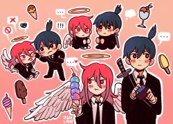 Rule 34 | ..., 2boys, angel, angel devil (chainsaw man), angel wings, artist name, averting eyes, black footwear, black gloves, black hair, black jacket, black necktie, black pants, blush, chainsaw man, cheek pinching, cherry, chibi, collared shirt, dithered background, feathered wings, food, formal, fruit, gloves, gun sling, hair between eyes, halo, hayakawa aki, holding, holding food, holding ice cream, holding wallet, hugging own legs, ice cream, ice cream float, jacket, katana, knees to chest, long hair, looking at another, looking to the side, multiple boys, necktie, one eye closed, osulan, outline, pants, pinching, popsicle, shirt, shirt tucked in, short hair, suit, suit jacket, sword, tongue, tongue out, topknot, wallet, weapon, weapon on back, white outline, white shirt, white wings, wings, yaoi