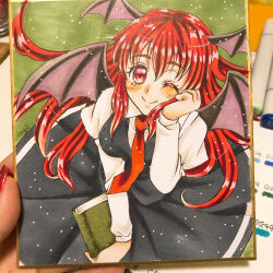 Rule 34 | 1girl, absurdres, ayanagi honpo, bat wings, black skirt, black vest, book, breasts, closed mouth, collared shirt, cowboy shot, green background, hair between eyes, hand on own cheek, hand on own face, head wings, highres, holding, holding book, koakuma, light smile, long hair, looking at viewer, marker (medium), medium breasts, necktie, one eye closed, photo (medium), red eyes, red hair, red necktie, shirt, simple background, skirt, skirt set, solo, touhou, traditional media, vest, white shirt, wings