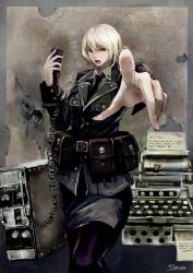 Rule 34 | 1girl, belt, black necktie, black pantyhose, blonde hair, commentary request, highres, holding, jacket, jittsu, looking at viewer, military, military uniform, necktie, open mouth, original, outstretched arm, pantyhose, paper, pointing, pointing at viewer, pouch, radio, red eyes, short hair, skirt, typewriter, uniform, walkie-talkie