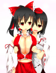 Rule 34 | 2girls, angry, black hair, bow, breasts, breasts squeezed together, buttons, cleavage, cowboy shot, detached sleeves, facominn, gradient background, hair bow, hair tubes, hakurei reimu, hat, highres, huge breasts, large breasts, multiple girls, open mouth, ponytail, red eyes, ribbon, shameimaru aya, smile, tokin hat, touhou