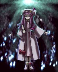 Rule 34 | 1girl, book, bow, crescent, female focus, hair ribbon, hat, hirosato, light smile, long hair, outstretched arm, patchouli knowledge, purple eyes, purple hair, ribbon, solo, touhou, tress ribbon, wide sleeves