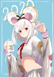 Rule 34 | 1girl, 2020, animal, animal ears, black bow, blush, bow, bow hairband, crop top, granblue fantasy, hair ornament, hairband, hairclip, highres, holding, holding animal, long sleeves, looking at viewer, midriff, mouse (animal), mouse ears, parted lips, red eyes, red hairband, ruwo benzen, shadow puppet, shirt, short hair, skirt, solo, striped, striped bow, vikala (granblue fantasy), white hair, white shirt, white skirt, wide sleeves