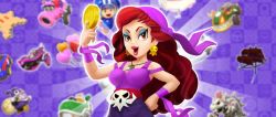 Rule 34 | bandana, blue eyeshadow, bowser, captain syrup, curly hair, dry bowser, earrings, eyeshadow, highres, jewelry, lipgloss, lipstick, long hair, makeup, nintendo, non-web source, official art, red eyes, red hair, red lips, solo, wario land, wavy hair