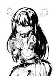 Rule 34 | 1girl, :t, angry, bare shoulders, beleth (megido72), bendy straw, blush, chain, closed mouth, collar, collarbone, cuffs, dress, drinking, drinking straw, edobox, greyscale, hair between eyes, holding, long hair, megido72, monochrome, pout, simple background, sleeveless, sleeveless dress, solo, v-shaped eyebrows, very long hair, wavy mouth, white background