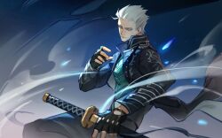 Rule 34 | 1boy, blue coat, blue eyes, closed mouth, coat, czyan14, devil may cry (series), devil may cry 5, hair slicked back, highres, holding, holding sword, holding weapon, katana, male focus, solo, sword, vergil (devil may cry), weapon, white hair, yamato (sword)