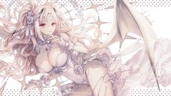 Rule 34 | 1girl, breasts, bridal gauntlets, cleavage, closed mouth, commission, dress, flower, large breasts, long hair, looking at viewer, lying, on side, original, ponytail, red eyes, rose, skeb commission, solo, tamtam ex, white dress, white flower, white hair, white rose