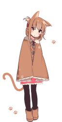 Rule 34 | 1girl, animal ears, blush, boots, brown eyes, brown hair, cat ears, cat tail, ears visible through hair, fang, highres, inazuma (kancolle), kantai collection, looking at viewer, paw print, poncho, solo, tail, yoru nai