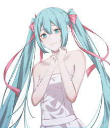 Rule 34 | 1girl, absurdres, alternate costume, aqua eyes, aqua hair, bad id, bad pixiv id, bare shoulders, breasts, cowboy shot, dress, eyebrows, fov ps, hair between eyes, hatsune miku, highres, lips, long hair, pink hair, small breasts, smile, solo, strapless, strapless dress, twintails, vocaloid, white background, white dress