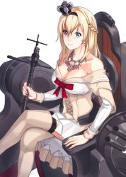 Rule 34 | 1girl, anya (anyapoiiii), blonde hair, blue eyes, braid, breasts, chair, corset, crossed legs, crown, dress, flower, garter straps, globus cruciger, half up braid, jewelry, kantai collection, long hair, long sleeves, looking at viewer, looking up, machinery, medium breasts, mini crown, necklace, off-shoulder dress, off shoulder, red flower, red ribbon, red rose, ribbon, rose, scepter, simple background, sitting, solo, thighhighs, throne, warspite (kancolle), white background, white dress, white thighhighs