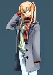 Rule 34 | 10s, 1girl, alternate costume, arm up, bespectacled, blonde hair, breasts, buttons, casual, check commentary, coat, commentary request, glasses, graf zeppelin (kancolle), green-framed eyewear, hair between eyes, hand on own head, kantai collection, long hair, long sleeves, looking at viewer, no headwear, no headwear, pants, ribbed shirt, ruisento, scarf, shirt, simple background, smile, solo, tsurime, twintails