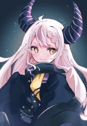 Rule 34 | 1girl, ascot, black horns, braid, braided bangs, coat, collar, demon horns, grey hair, hololive, horns, la+ darknesss, la+ darknesss (1st costume), long hair, looking at viewer, metal collar, multicolored hair, pointy ears, purple coat, purple hair, shin murasame, sleeves past fingers, sleeves past wrists, smile, solo, streaked hair, striped horns, virtual youtuber, yellow ascot, yellow eyes