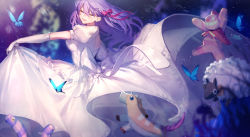 Rule 34 | 1girl, bow, bug, butterfly, commentary request, dress, elbow gloves, closed eyes, fate/stay night, fate (series), gloves, hair ribbon, heaven&#039;s feel, highres, insect, matou sakura, mebaru, official alternate costume, puffy short sleeves, puffy sleeves, purple hair, red ribbon, revision, ribbon, sheep, short sleeves, smile, snake, stuffed animal, stuffed toy, toy horse, white dress, white gloves