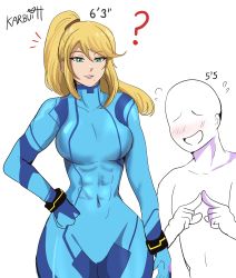 Rule 34 | 1boy, 1girl, abs, absurdres, blonde hair, blue bodysuit, blue eyes, blush, bodysuit, breasts, height, height difference, high ponytail, highres, karbuitt, long hair, looking at viewer, metroid, metroid dread, mole, mole under mouth, muscular, muscular female, nintendo, ponytail, samus aran, simple background, skin tight, smile, tall female, thighs, wide hips, zero suit