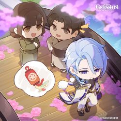Rule 34 | 1girl, 2boys, absurdres, armor, black gloves, blue hair, brown eyes, brown hair, cherry blossoms, chibi, closed mouth, formal, genshin impact, gloves, hand on own face, highres, japanese armor, japanese clothes, kamisato ayato, kimono, light blue hair, mole, mole under mouth, multiple boys, official art, open mouth, outdoors, pants, pensive, purple eyes, suit, white pants, white suit, wide sleeves