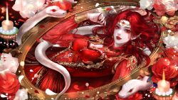 Rule 34 | 1girl, absurdres, cai lin (doupo cangqiong), candle, circlet, doupo cangqiong, dress, earrings, fangs, flower, hand in own hair, highres, jewelry, jiu bai 1212, long hair, long sleeves, mirror, pointy ears, red dress, red eyes, red flower, red hair, second-party source, snake, solo, upper body, white snake