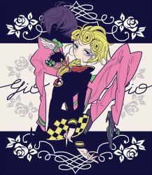 Rule 34 | 2boys, androgynous, black hair, blending, blonde hair, blue eyes, braid, brooch, bug, character name, dual persona, faceless, faceless male, floral background, flower, giorno giovanna, insect, jacket, jewelry, jojo no kimyou na bouken, knees up, ladybug, leaning back, long hair, looking at viewer, male focus, meremero, multiple boys, nail polish, pants, pink jacket, pink pants, red nails, rose, short hair, silhouette, standing, vento aureo