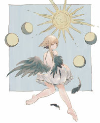 Rule 34 | 1girl, back, bare shoulders, black feathers, black wings, border, brown hair, ciel (paradis47), closed mouth, crescent moon, dress, feathered wings, feathers, full moon, grey eyes, head wings, highres, light brown hair, long hair, looking back, low wings, moon, original, solo, sun, white border, white dress, wings, yellow moon