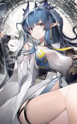 Rule 34 | 1girl, abstract background, arknights, bare shoulders, black gloves, blue hair, blue nails, braid, breasts, chinese commentary, closed mouth, commentary request, cup, detached collar, detached sleeves, dragon horns, earrings, elbow gloves, gloves, gourd, grey eyes, highres, horns, jewelry, large breasts, legs up, ling (arknights), long hair, long sleeves, looking at viewer, lying, nail polish, navel, necktie, on back, open clothes, partially fingerless gloves, pointy ears, pouch, shirt, sitting, solo, thigh strap, thighs, underbust, very long hair, white shirt, wide sleeves, yellow necktie, yushe quetzalli