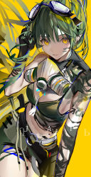 Rule 34 | 1girl, absurdres, arknights, bare shoulders, black gloves, breasts, chouchouhei, commentary, cowboy shot, crop top, gavial (arknights), gavial the invincible (arknights), gloves, goggles, goggles on head, green hair, hand up, highres, long hair, mask, mask on head, medium breasts, midriff, pointy ears, solo, standing, yellow background, yellow eyes