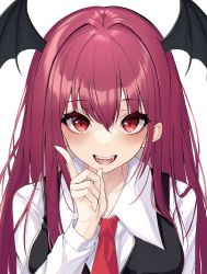 Rule 34 | 1girl, 1other, 7saki, animated, animated gif, bad id, bad pixiv id, black vest, blush, breasts, head wings, headpat, index finger raised, koakuma, large breasts, long hair, long sleeves, lower teeth only, male hand, necktie, open mouth, pov, pov hands, red eyes, red hair, red necktie, shirt, sidelocks, simple background, smile, solo, sparkling eyes, teeth, tongue, touhou, vest, white background, white shirt, wings