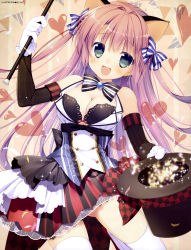 Rule 34 | 1girl, :d, absurdres, animal ears, bow, breasts, cat ears, chikotam, cleavage, copyright request, detached sleeves, dress, gloves, green eyes, hair bow, hat, heart, highres, large breasts, open mouth, pink hair, sleeveless, sleeveless dress, smile, solo, thighhighs, top hat, wand, white gloves, white thighhighs