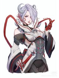 Rule 34 | 1girl, animification, apex legends, artist name, black pants, blood moon catalyst, breasts, cable, catalyst (apex legends), clothing cutout, colored tips, eyeshadow, fukuro 0a0, gloves, grey eyes, grey hair, hand on own hip, highres, looking at viewer, makeup, multicolored hair, official alternate costume, pants, red eyeshadow, red gloves, red hair, robe, shoulder cutout, sleeves past wrists, small breasts, solo, white robe, wide sleeves