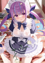 Rule 34 | 1girl, ahoge, ankle cuffs, blue bow, blue bowtie, blue dress, blue hair, blue nails, blush, bow, bowtie, breasts, cleavage, colored inner hair, commentary request, dress, flower, frilled dress, frills, hair bow, highres, hololive, large breasts, long hair, looking at viewer, maid, maid headdress, minato aqua, minato aqua (1st costume), multicolored hair, open mouth, pink eyes, piyopoyo, puffy short sleeves, puffy sleeves, purple hair, see-through, short sleeves, sitting, solo, streaked hair, tearing up, twintails, two-tone hair, virtual youtuber, wariza, water, wet, wet clothes, wet hair, wrist cuffs