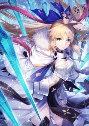 Rule 34 | 1girl, ahoge, armor, armored dress, artoria caster (fate), artoria caster (third ascension) (fate), artoria pendragon (fate), black gloves, blonde hair, blue bow, bow, breastplate, breasts, capelet, crown, dress, facial mark, fate/grand order, fate (series), forehead mark, fur-trimmed capelet, fur trim, gloves, green eyes, hair bow, highres, long hair, long sleeves, looking at viewer, nakamura eight, ornament, ribbon, small breasts, solo, very long hair, white dress