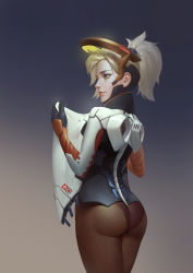 Rule 34 | 1girl, absurdres, alessandro jie, ass, black panties, blonde hair, blue eyes, bodysuit, cowboy shot, from behind, halo, high ponytail, highres, holding, long hair, looking away, mechanical halo, mercy (overwatch), overwatch, overwatch 1, panties, panties under pantyhose, pantyhose, ponytail, short hair, solo, thighs, trefoil, underwear, undressing