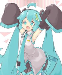 Rule 34 | 1girl, ahoge, akino coto, aqua eyes, aqua hair, aqua necktie, arms up, bare shoulders, black skirt, black sleeves, commentary, cowboy shot, detached sleeves, fang, food-themed hair ornament, grey shirt, hair ornament, hatsune miku, leaning forward, long hair, loose clothes, miniskirt, necktie, open mouth, pleated skirt, shirt, skin fang, skirt, sleeveless, sleeveless shirt, sleeves past fingers, sleeves past wrists, smile, solo, spring onion hair ornament, symbol-only commentary, twintails, very long hair, vocaloid