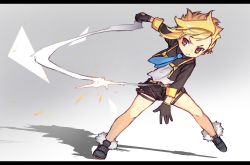Rule 34 | 1girl, black footwear, blonde hair, blue necktie, brown shorts, closed mouth, dagger, grey background, highres, holding, holding dagger, holding knife, holding weapon, jacket, knife, legs apart, leo (reiga), letterboxed, long sleeves, looking at viewer, necktie, original, red eyes, reiga (act000), reverse grip, shirt, shoes, shorts, simple background, solo, weapon, white shirt