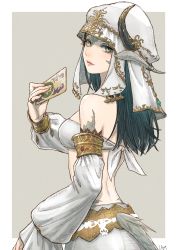 Rule 34 | 1girl, absurdres, astrologian (final fantasy), au ra, bare shoulders, black hair, breasts, cam (cammero95713700), card, commentary request, detached sleeves, final fantasy, final fantasy xiv, from side, gem, green eyes, highres, holding, holding card, horns, jewelry, lips, lizard tail, long hair, looking at viewer, looking to the side, medium breasts, ring, scales, signature, solo, tail, two-tone background, veil