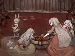 Rule 34 | 4girls, ambiguous red liquid, animal, apron, basin, berry, bow, bucket, rabbit, child, dress, female focus, food, forest, fruit, grass, grey hair, hair bow, highres, long hair, multiple girls, nature, original, outdoors, pond, rabbit ears, red bow, red eyes, reflection, shirokujira, tree