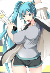 Rule 34 | 1girl, aqua eyes, aqua hair, bad id, bad pixiv id, breasts, gengoroh, hanshin tigers, hatsune miku, huge breasts, impossible clothes, impossible shirt, long hair, nippon professional baseball, open mouth, shirt, shorts, simple background, solo, thighs, twintails, very long hair, vocaloid, white background, wide hips