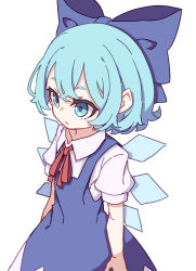 Rule 34 | 1girl, absurdres, blue bow, blue dress, blue eyes, blue hair, bow, cirno, collared shirt, dress, fairy wings, flat chest, hair bow, highres, ice, ice wings, kame (kamepan44231), long dress, neck ribbon, one-hour drawing challenge, pinafore dress, puffy short sleeves, puffy sleeves, red ribbon, ribbon, shirt, short hair, short sleeves, simple background, sleeveless, sleeveless dress, solo, touhou, white background, white shirt, wings