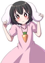 Rule 34 | 1girl, :3, animal ears, arms up, black hair, blush, bright pupils, carrot necklace, cowboy shot, dress, hair between eyes, hand on own ear, head tilt, high collar, highres, inaba tewi, jewelry, leaning, necklace, pink dress, puffy short sleeves, puffy sleeves, rabbit ears, red eyes, short hair, short sleeves, simple background, solo, standing, touhou, tsukimirin, white background, white pupils