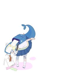 Rule 34 | 1girl, :3, arms behind back, backpack, bag, bandaid, bandaid on knee, bandaid on leg, bent over, blue bag, blue eyes, blue hair, blue skirt, closed mouth, ebi-chan (gawr gura), fins, fish tail, gawr gura, gawr gura (school uniform), gekkamiko, hololive, hololive english, loose socks, medium hair, multicolored hair, official alternate costume, paper, pleated skirt, randoseru, school uniform, shark girl, shark tail, skirt, socks, solid oval eyes, solo, spill, star bracelet, stitched tail, streaked hair, tail, two-tone hair, vest, virtual youtuber, white background, white footwear, white hair, white socks, white undershirt, yellow vest