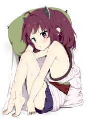 Rule 34 | 1girl, barefoot, blush, bright pupils, brown eyes, brown hair, feet, female focus, lying, on side, pillow, pleated skirt, simple background, skirt, sleeveless, solo, toes, tottotonero, touhoku kiritan, voiceroid, white background, white pupils