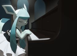 Rule 34 | absurdres, animal ears, animal hands, animal nose, blue fur, blurry, blurry foreground, closed eyes, creatures (company), curvy, dress, eyelashes, frilled dress, frilled skirt, frills, furry, furry female, game freak, gen 4 pokemon, glaceon, grand piano, highres, indoors, inkune, instrument, large ears, music, nintendo, open mouth, piano, piano keys, playing instrument, playing piano, pokemon, pokemon (creature), sidelocks, skirt, sleeveless, sleeveless dress, spotlight, tail