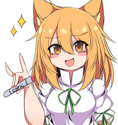 Rule 34 | 1girl, :d, animal ears, arm behind back, blonde hair, blush, breasts, fox ears, fox girl, fox shadow puppet, green ribbon, hair between eyes, hand up, highres, kudamaki tsukasa, long hair, looking at viewer, medium breasts, open mouth, ribbon, siw0n, smile, solo, sparkle, test tube, touhou, upper body, white romper, yellow eyes