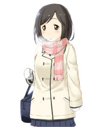Rule 34 | 1girl, arm at side, bag, blush, breath, brown eyes, brown hair, carrying bag, clenched hands, coat, highres, long sleeves, looking at viewer, matching hair/eyes, mittens, niwatazumi, open mouth, original, pleated skirt, scarf, school bag, shiny skin, short hair, skirt, solo, white background