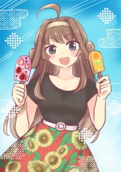 Rule 34 | 1girl, ahoge, alternate costume, black shirt, blouse, blue background, brown hair, commentary request, double bun, floral print, food, grey eyes, hair bun, hairband, highres, holding, kantai collection, kongou (kancolle), long hair, looking at viewer, lr hijikata, popsicle, red skirt, shirt, skirt, smile, solo
